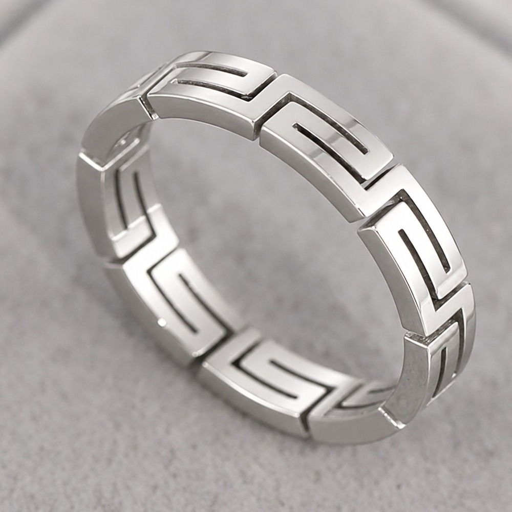 Silver Titanium Steel Greek Key Meander Band Ring Geometric Maze Design Size 4